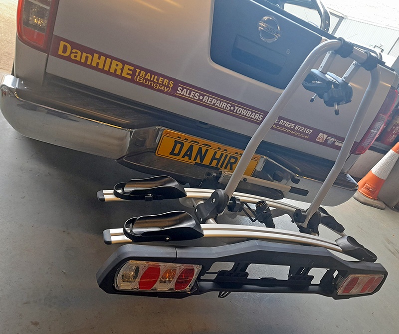NOW AVAILABLE at DanHIRE Trailers ALL NEW Rear Towbar mounted CYCLE CARRIERS Forward tilt for easy boot access