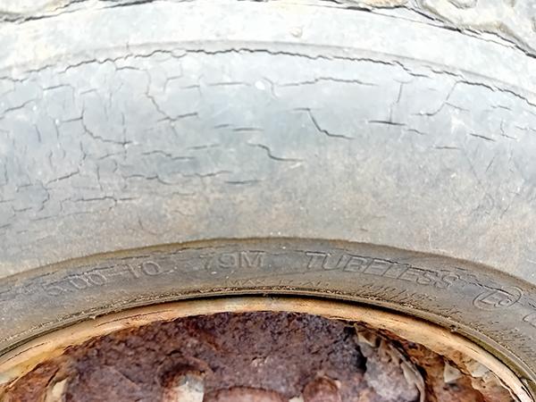 Tyres badly perished and cracked and well past their safety date!